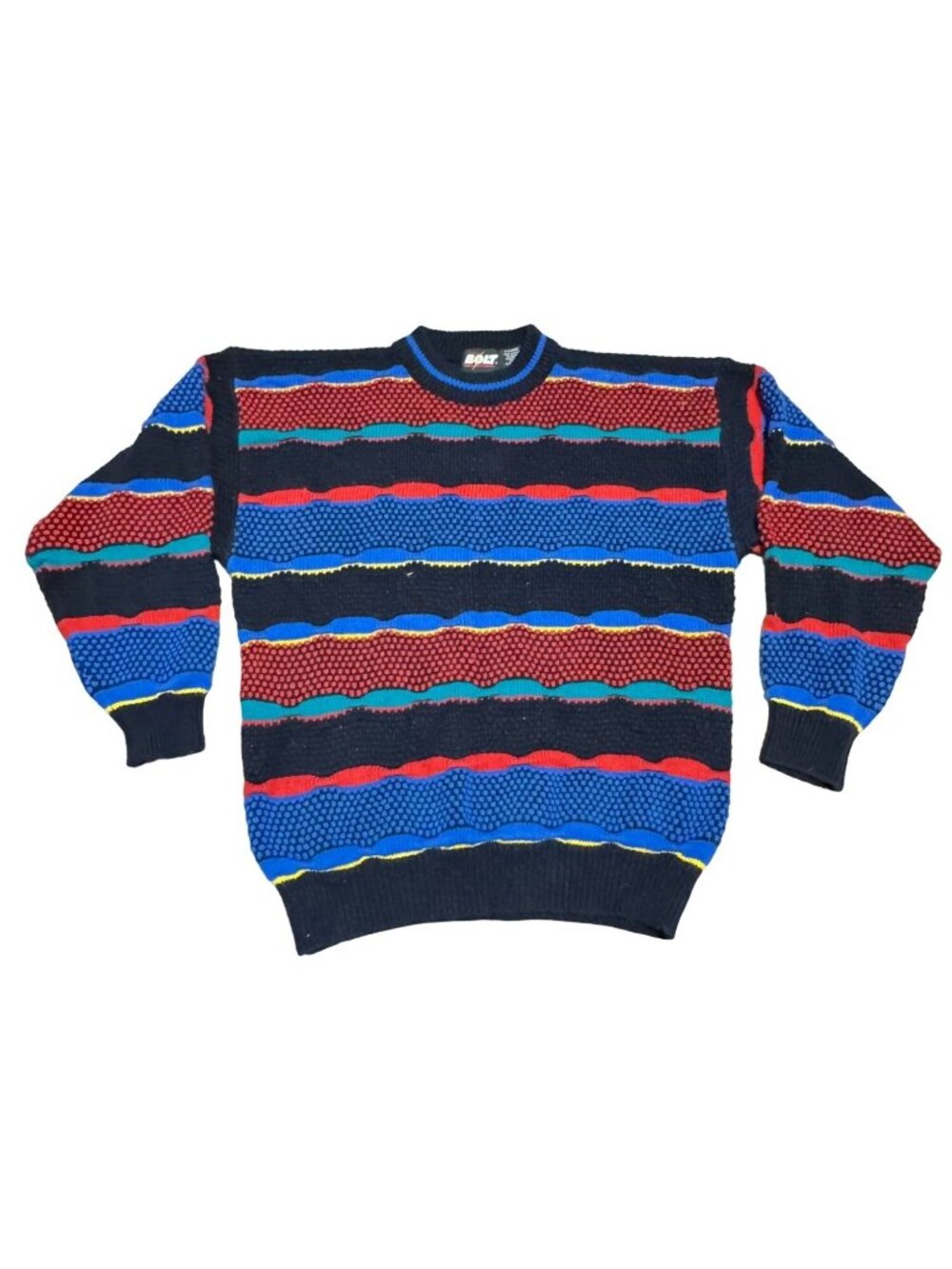 Vtg 90s Lightning Bolt Sweater Size XL Coogi Style Black Red Blue Stripe Mens